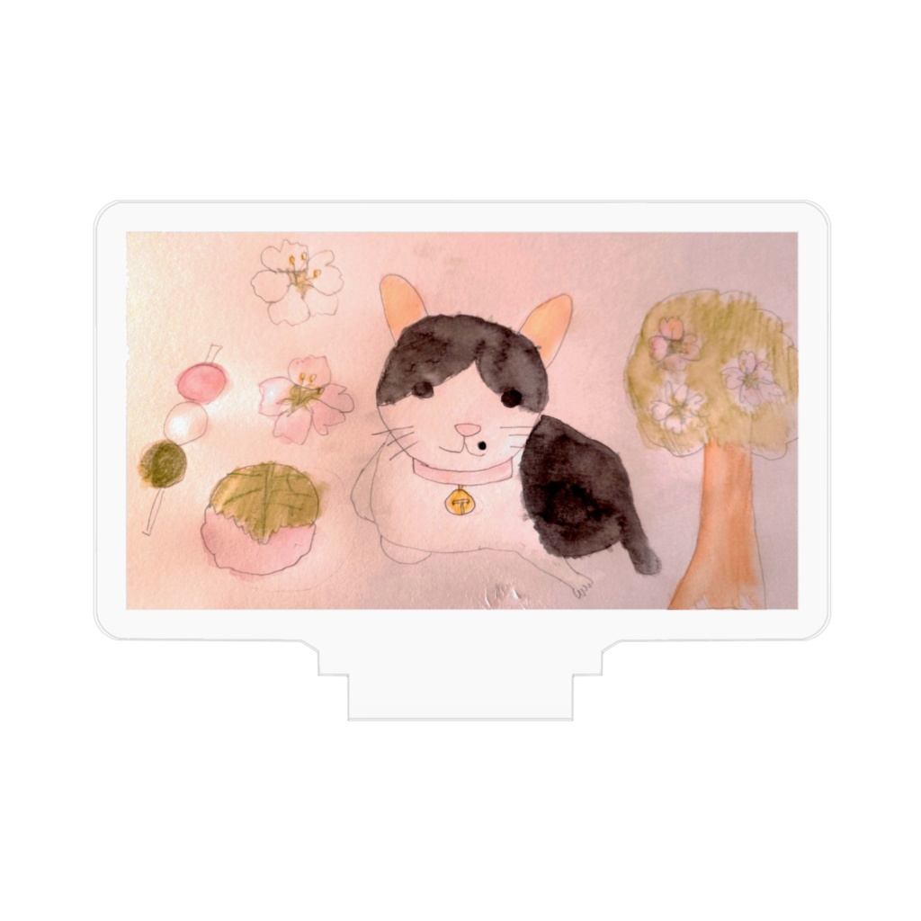 猫てっちゃんはなちゃん 桜 水彩色鉛筆 アクリルフィギュア