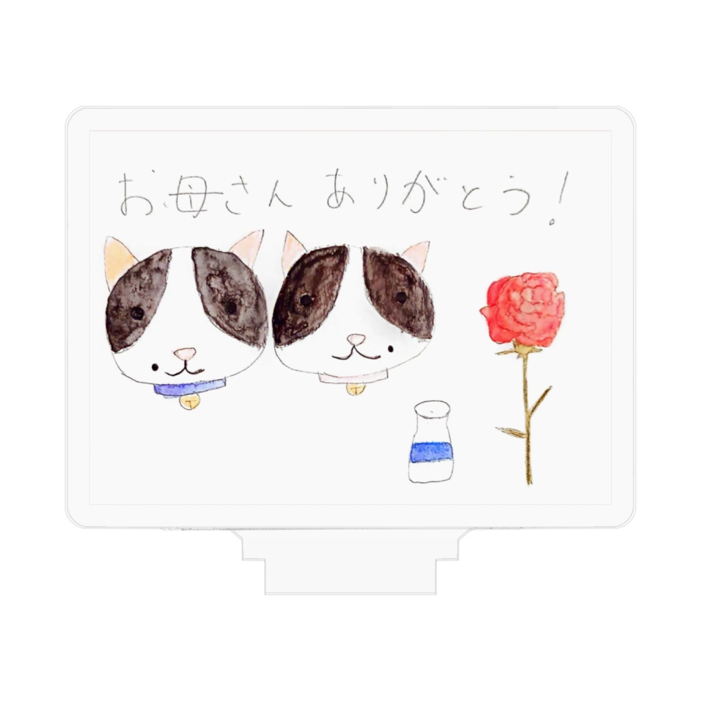 ハチワレ 猫 夫婦 母の日 カーネーション 水彩色鉛筆 アクリルフィギュア