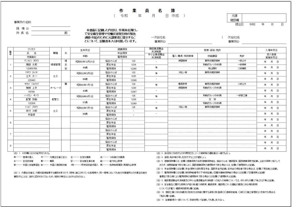 作業員名簿テンプレート(キャリアアップ標準版)forWindows Excel