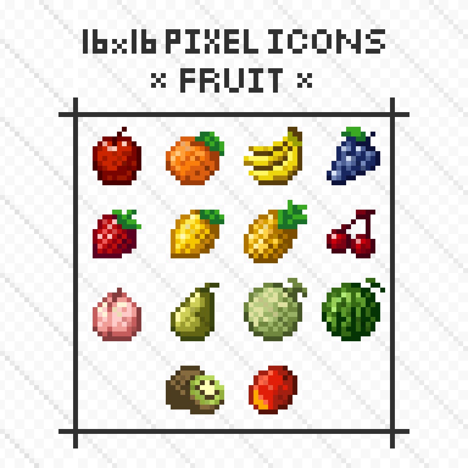 16x16 Pixel Icons: Fruit Set