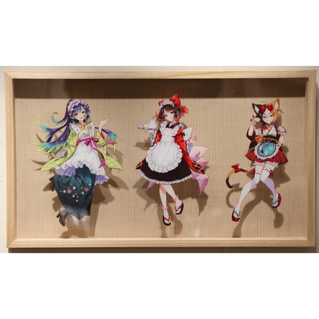 森倉円　メジロ　金魚　招き猫　立ち絵　ワイド木製額　【受注生産】KYOTO