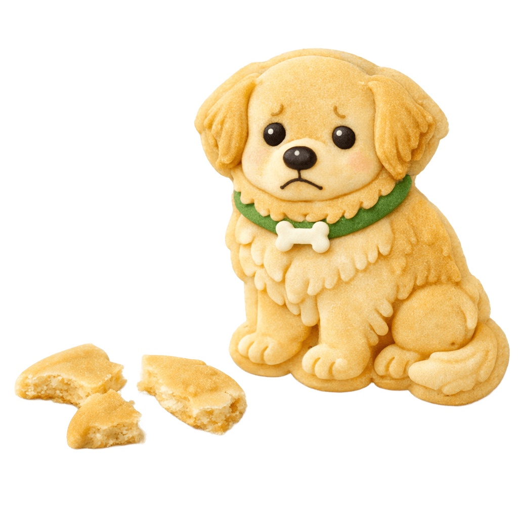 クッキー犬透過PNGイラストセット（しょんぼり、にっこり、ぐっすり、ひび割れ）