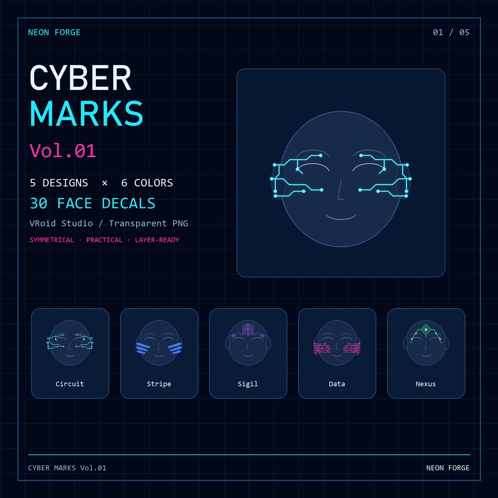 CYBER MARKS Vol.01｜VRoid向け サイバーフェイスデカール30種