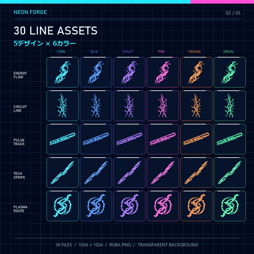 CYBER EMISSION LINES Vol.01|VRoid・VRChat向け サイバー発光ライン透過PNG 30種