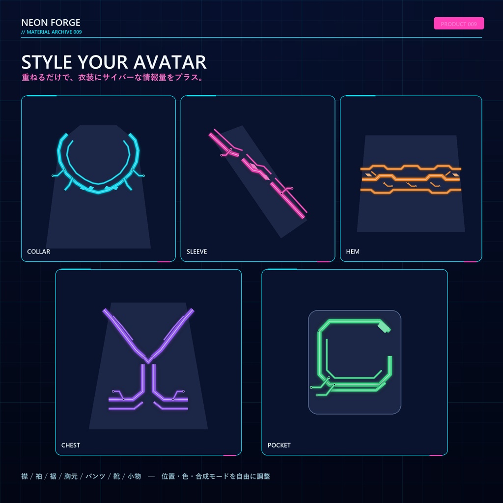 CYBER CLOTHING TRIMS Vol.01|VRoid・VRChat向け サイバー衣装ライン・縁取り透過PNG 30種