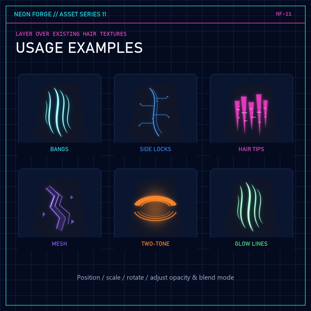 CYBER HAIR ACCENTS Vol.01|VRoid・VRChat向け サイバー髪ハイライト・発光アクセント透過PNG 30種