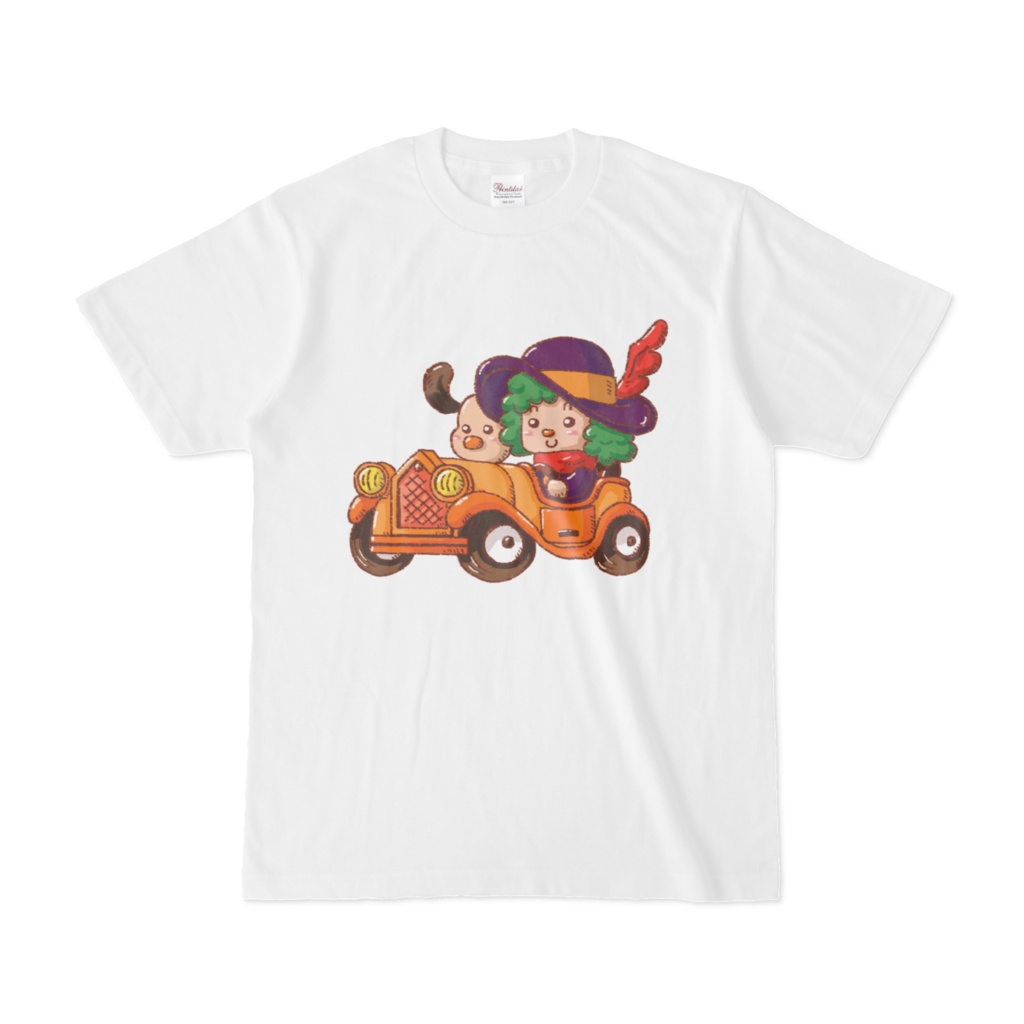 車に乗る犬と少年Tシャツ