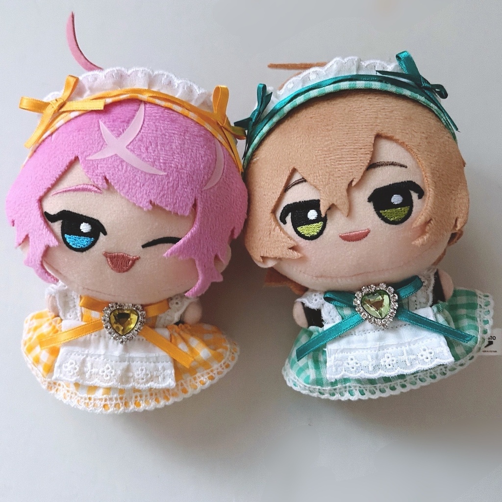 【4色】ちびぐるみ服/メイド服/ギンガムチェック/ぬい服/ピンク水色黄色グレー/10cmぬいぐるみ服/ヘッドドレス
