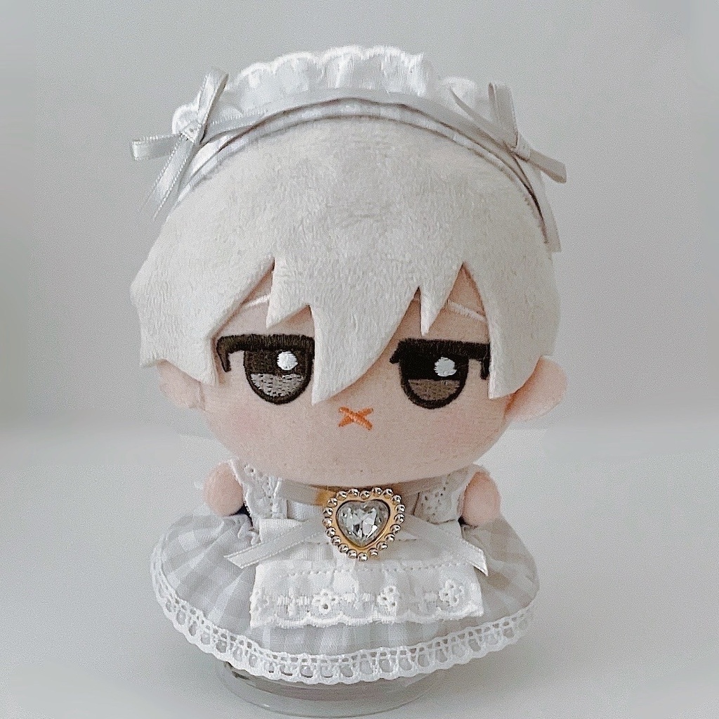 【4色】ちびぐるみ服/メイド服/ギンガムチェック/ぬい服/ピンク水色黄色グレー/10cmぬいぐるみ服/ヘッドドレス