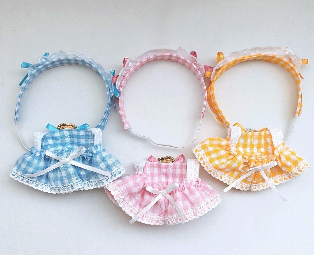 【3色】ちびぐるみ服/メイド服/ギンガムチェック/ぬい服/ピンク水色黄色/10cmぬいぐるみ服/ヘッドドレス