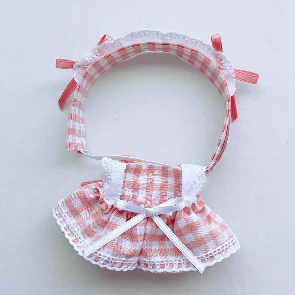 【4色】ちびぐるみ服/メイド服/ギンガムチェック/ぬい服/ピンク水色黄色グレー/10cmぬいぐるみ服/ヘッドドレス