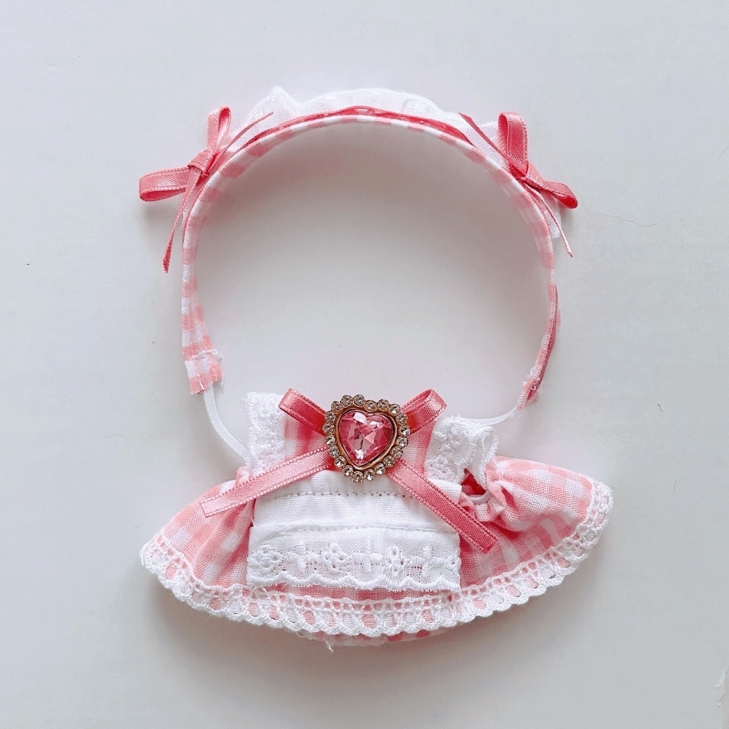 【4色】ちびぐるみ服/メイド服/ギンガムチェック/ぬい服/ピンク水色黄色グレー/10cmぬいぐるみ服/ヘッドドレス