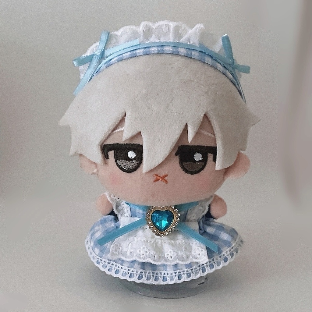 【4色】ちびぐるみ服/メイド服/ギンガムチェック/ぬい服/ピンク水色黄色グレー/10cmぬいぐるみ服/ヘッドドレス