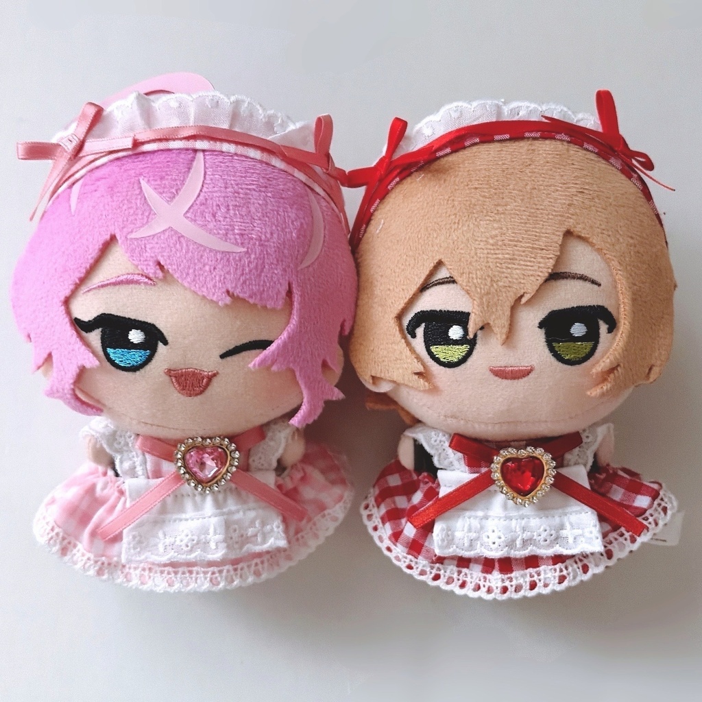 【4色】ちびぐるみ服/メイド服/ギンガムチェック/ぬい服/ピンク水色黄色グレー/10cmぬいぐるみ服/ヘッドドレス