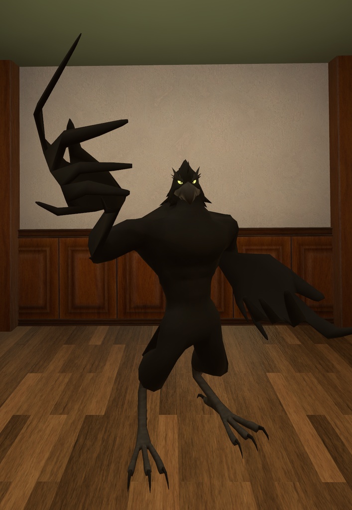 VRChat用アバター「テレポータ設置&コライダージャンプできる滑空モーション付きカラス」【オリジナル3Dモデル】