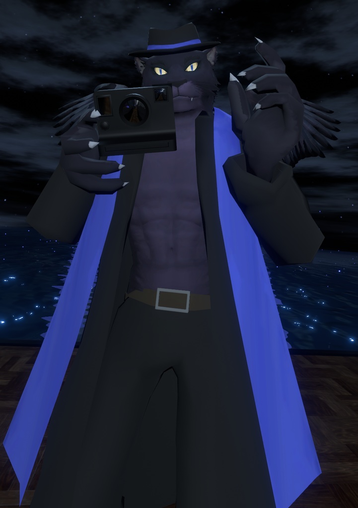 VRChat用「立体写真が撮れる!手書き文字も描ける!ついでに飛べる!グリフォンの翼の生えた黒豹獣人アバター『アズール2』付きインスタントカメラ(ポラロイドカメラ)physbone対応」【アバター用アクセサリー】【他コントローラー及びVCC対応版追加】