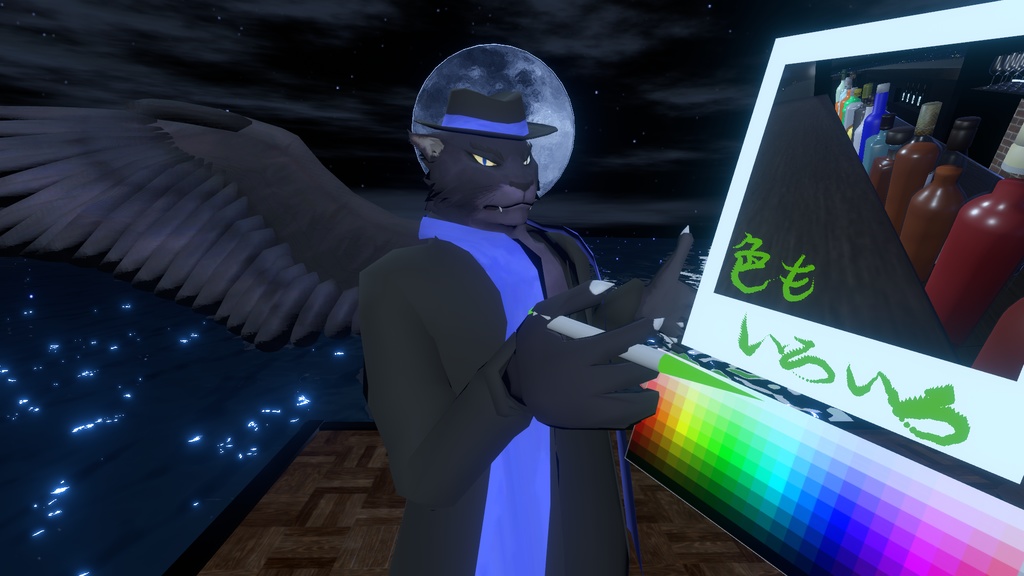 VRChat用「立体写真が撮れる!手書き文字も描ける!ついでに飛べる!グリフォンの翼の生えた黒豹獣人アバター『アズール2』付きインスタントカメラ(ポラロイドカメラ)physbone対応」【アバター用アクセサリー】【他コントローラー及びVCC対応版追加】