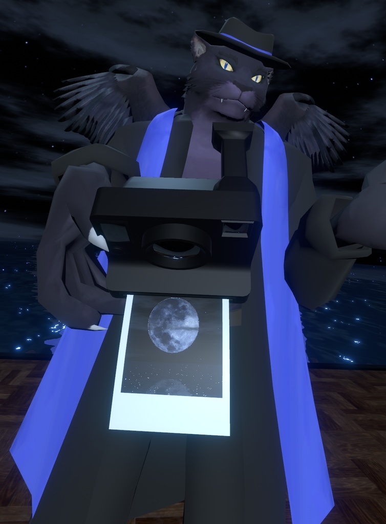 VRChat用「立体写真が撮れる!手書き文字も描ける!ついでに飛べる!グリフォンの翼の生えた黒豹獣人アバター『アズール2』付きインスタントカメラ(ポラロイドカメラ)physbone対応」【アバター用アクセサリー】【他コントローラー及びVCC対応版追加】