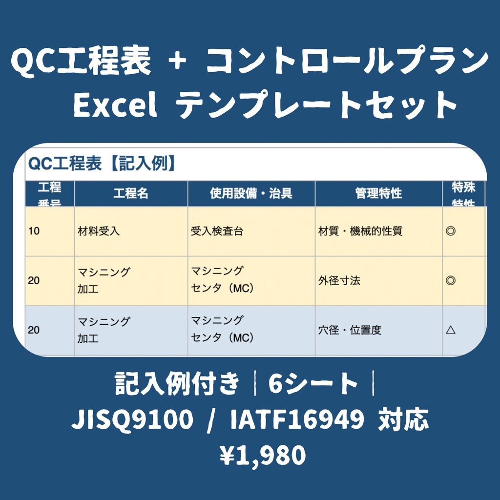 QC工程表 + コントロールプラン Excel テンプレートセット【記入例・航空宇宙加工品】JISQ9100/IATF16949対応