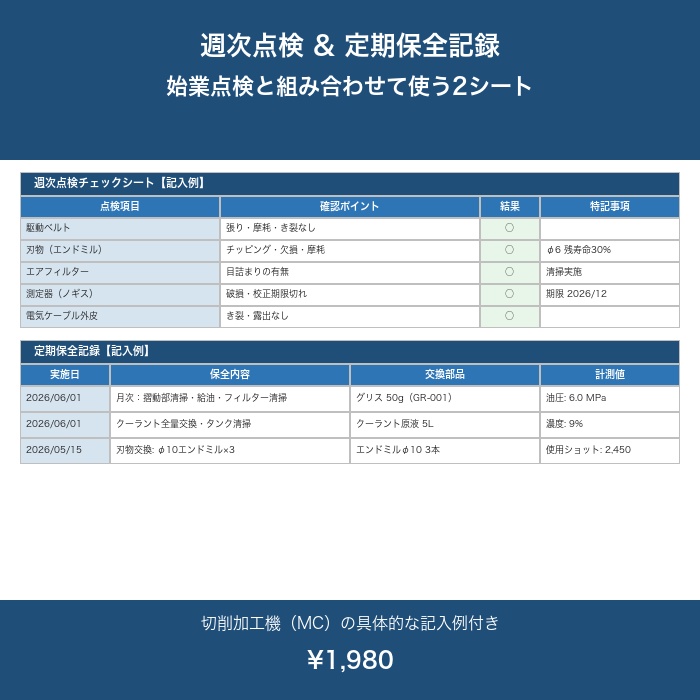 設備点検チェックシート Excel テンプレート【記入例付き・始業/週次/保全記録】