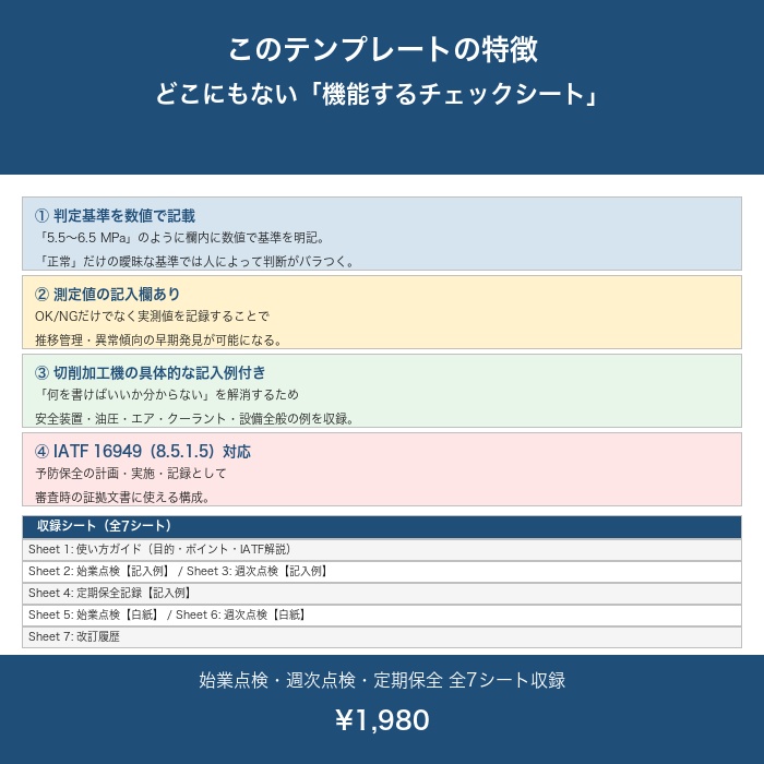 設備点検チェックシート Excel テンプレート【記入例付き・始業/週次/保全記録】