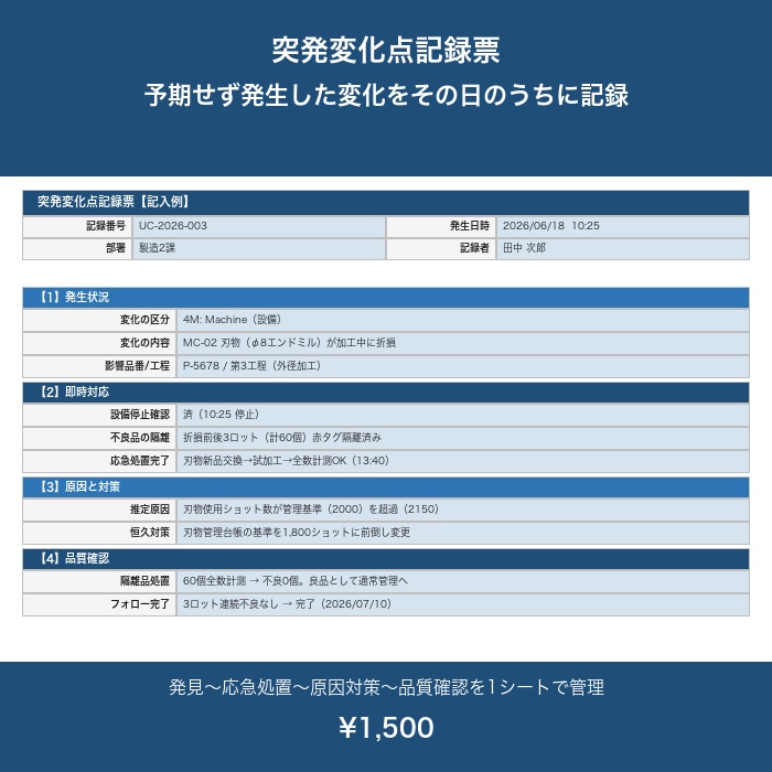 変化点管理記録票 Excel テンプレート【4M変化点・計画/突発・フォロー管理】IATF16949対応