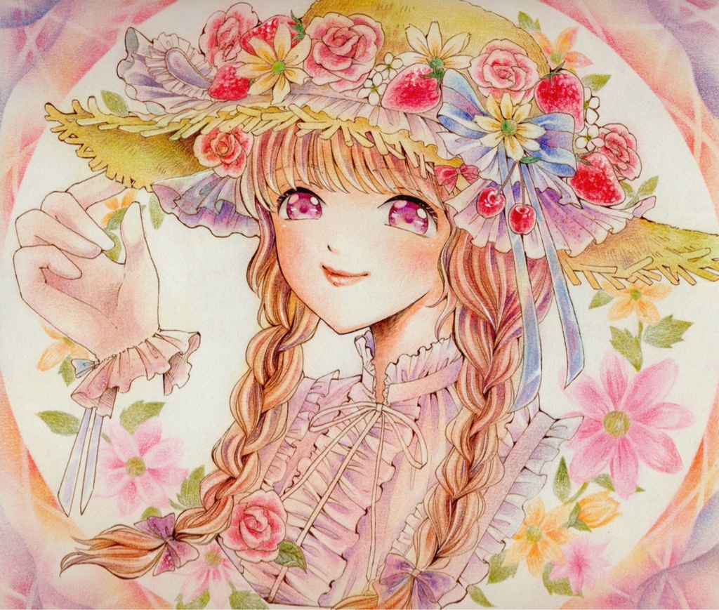 手描きイラスト 水彩原画 お花と女の子160 - 絵画