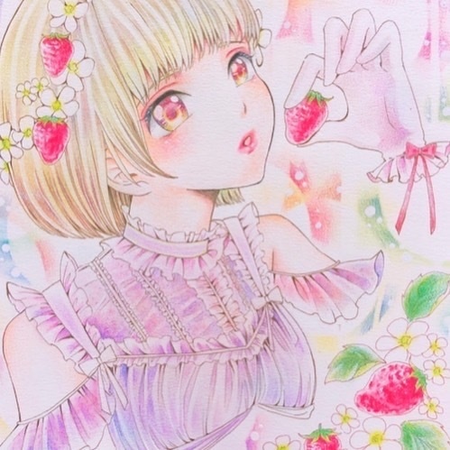 創作【苺わたあめ】手描きイラスト 女の子イラスト✩⡱