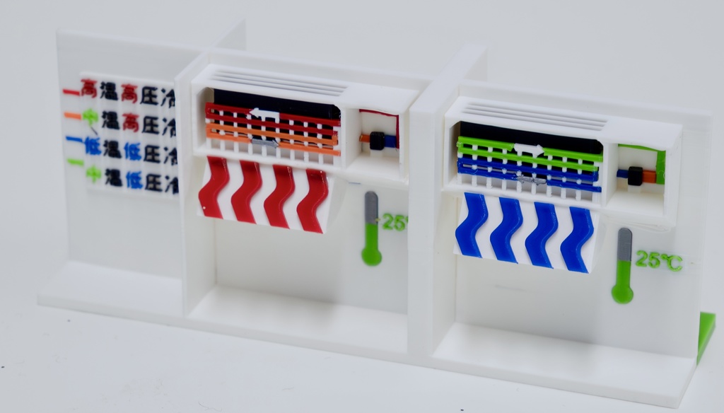 エアコン冷暖房サイクル学習用3Dプリントデータ(冷凍サイクル模型)