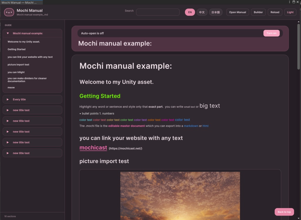 Documentation creator and Markdown reader for Unity