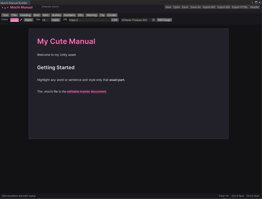 Documentation creator and Markdown reader for Unity