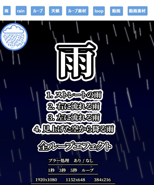 動画素材 雨 4種類 3解像度 全ループ ブラー処理有り+無し