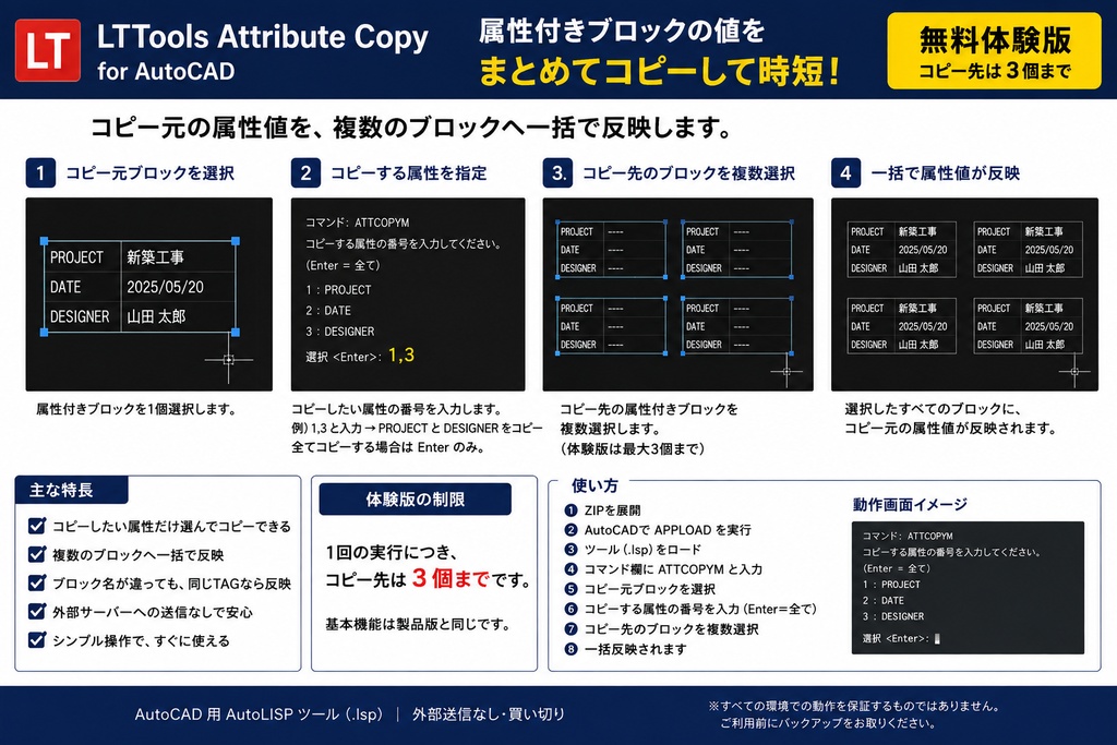 【無料体験版】AutoCAD 属性一括コピー｜図枠・属性を複数ブロックへ一括反映｜AutoLISP