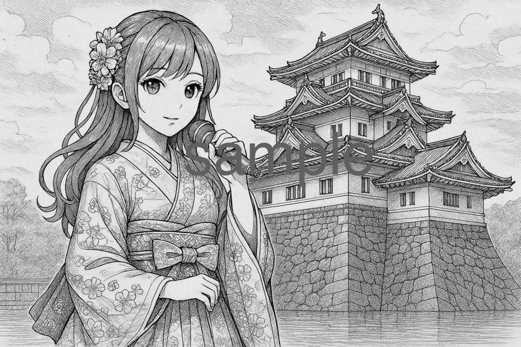 和風アイドルの幻想イラスト – 城を背景にした静かな舞台〜 Fantasy Coloring Page of a Japanese-Style Idol – A Tranquil Stage with Castle Backdrop