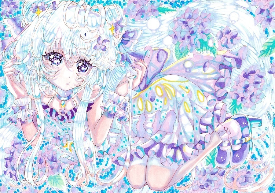 手描きイラスト　オリジナル　【紫陽花と女の子】A4