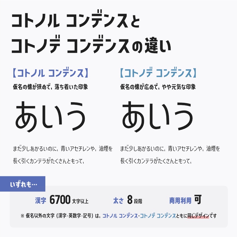 「コトノデ コンデンス」フォント(漢字あり) ~縦長で明るい雰囲気のゴシック体~