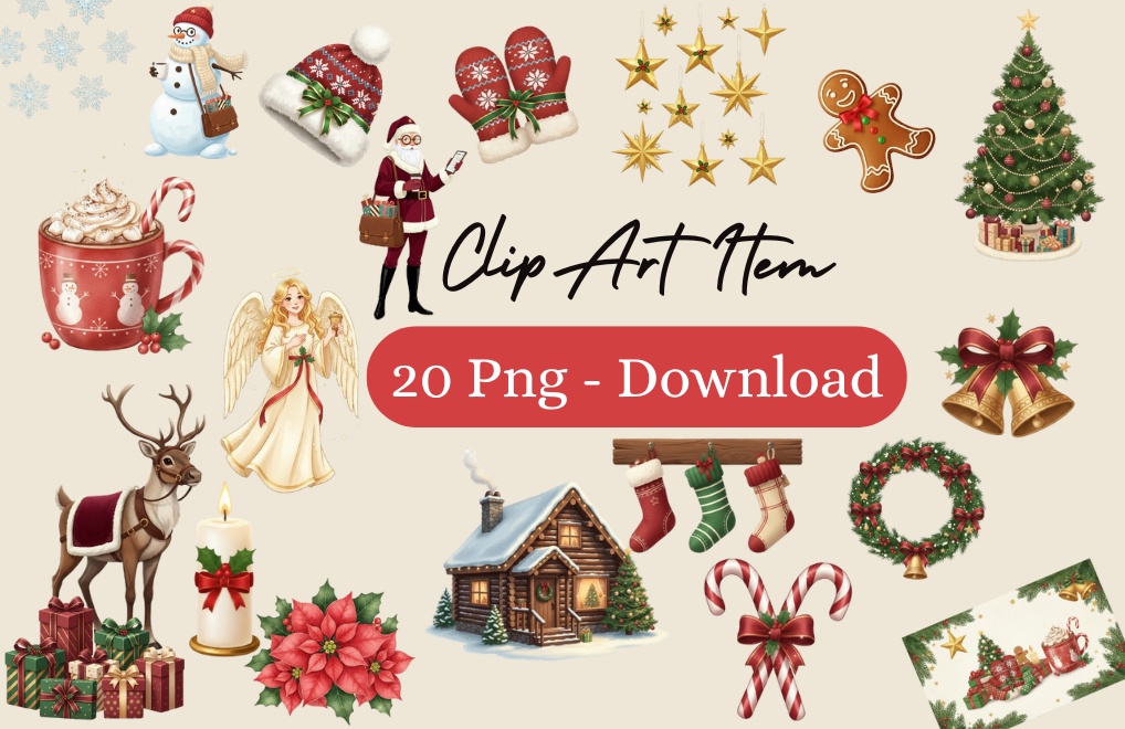 おしゃれなクリスマス クリップアート素材 20点セット｜AI生成 PNGデータ｜北欧ナチュラル風