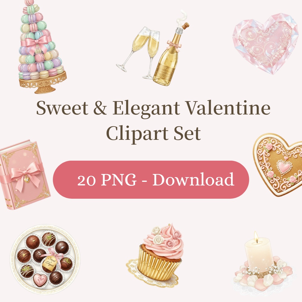 Sweet & Elegant Valentine – Premium Clipart Set（20点・透過PNG） スウィート＆エレガント・バレンタイン プレミアム クリップアートセット