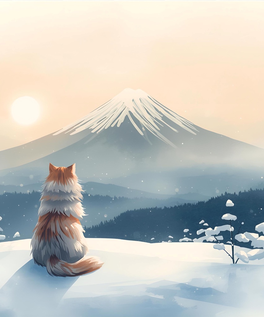 冬の富士山と猫 – 和風デジタルアート壁紙(高解像度)