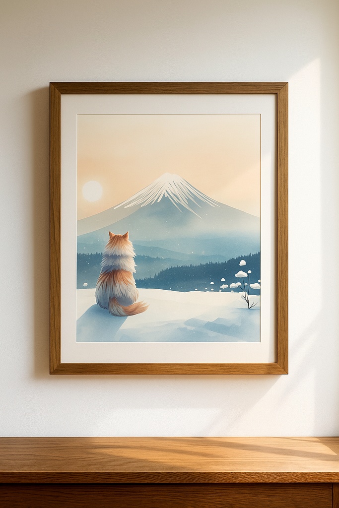 冬の富士山と猫 – 和風デジタルアート壁紙(高解像度)