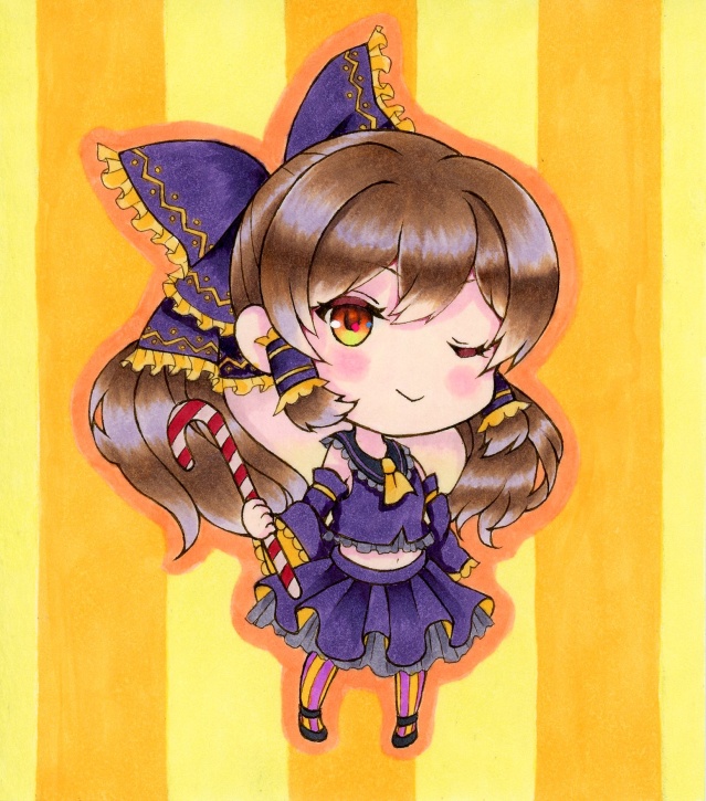 【手描きイラスト】寸松庵色紙_原画_東方Project_博麗霊夢_ハロウィン_ミニキャラ【二次創作】