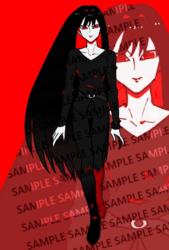 【無料】赤目黒髪ロングストレート性別不明人物【立ち絵素材】