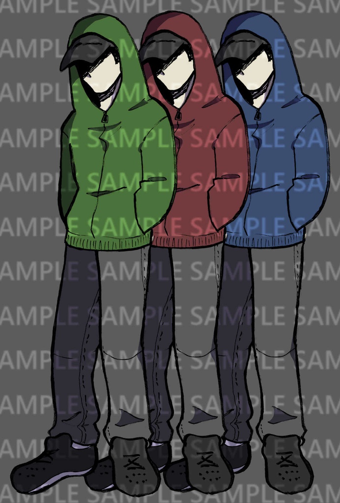 【無料/有料】パーカーのフードとキャップをかぶった怪しい人物（色違い3種）+オマケ【立ち絵素材】