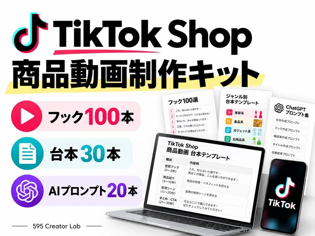 TikTok Shop商品動画制作キット フック100本・台本30本・AIプロンプト付き完全版