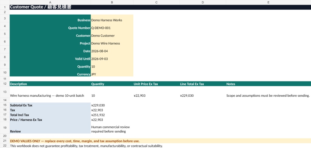 ハーネス見積・利益計算Excel|材料費・工数・間接費・利益率・数量別価格
