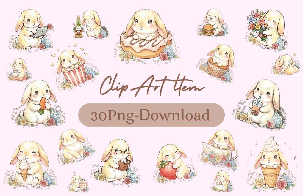 【30枚セット】ゆるふわウサギの宝石スイーツ素材集 - 高画質透過PNG・クリップアート