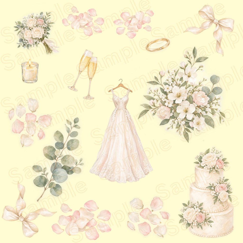 Wedding Collection|ウェディングドレスと花々のデジタルペーパー6柄セット【結婚式・ブライダル素材】