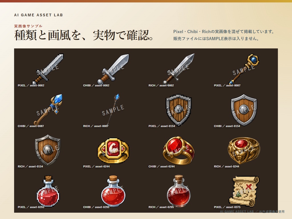 ローグライクRPG用アイテム素材|635種類 × 3デザイン