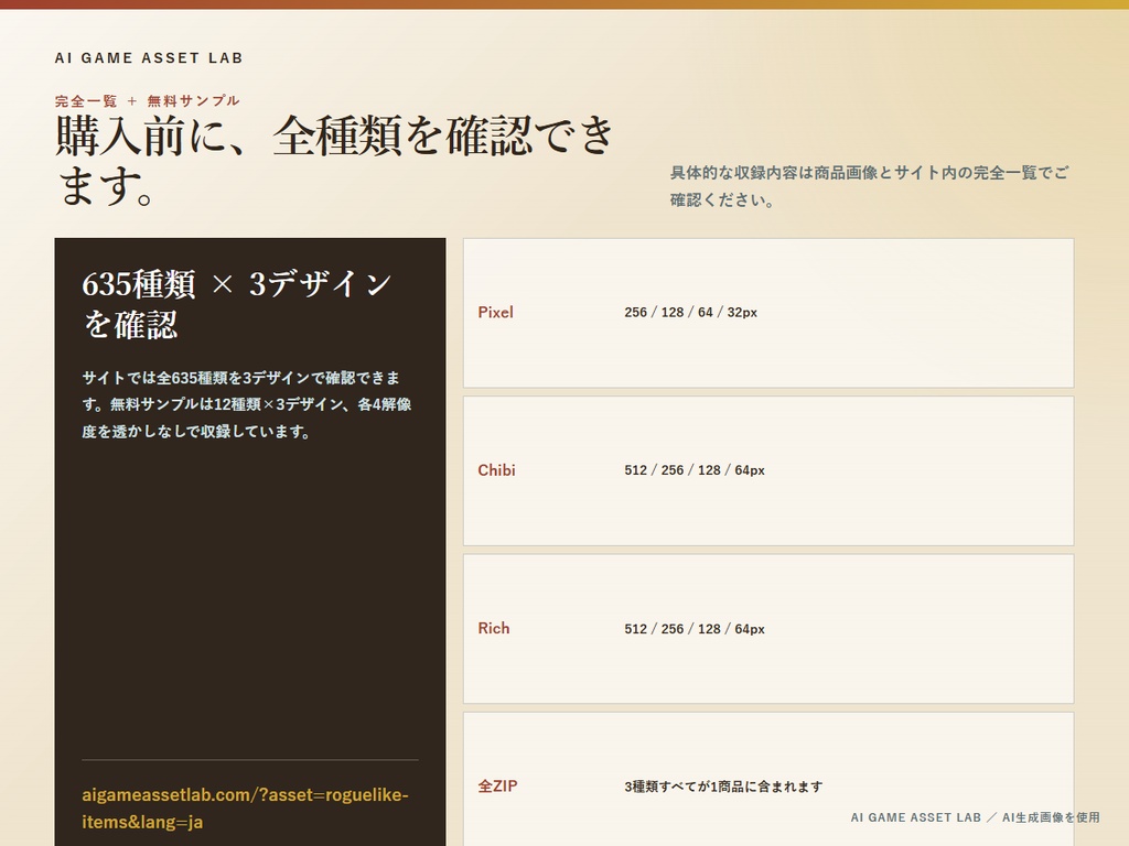 ローグライクRPG用アイテム素材|635種類 × 3デザイン