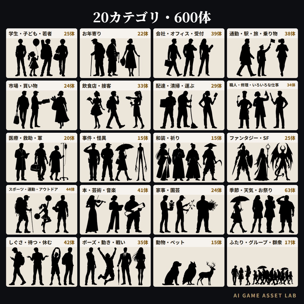 【無料版あり】人物シルエット素材600体|学生・会社員・町の人・探偵・怪異・ファンタジー(TRPG/ココフォリア/ノベルゲーム)